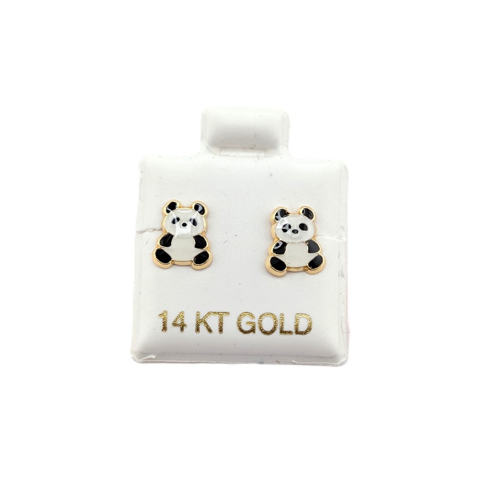 14K Yellow Gold Panda Bear Enamel Stud Earrings Novelty Jewelry**